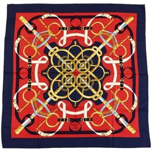 Authentic HERMES Carre 90 Scarf "Eperon D'OR" Silk Navy Blue Red